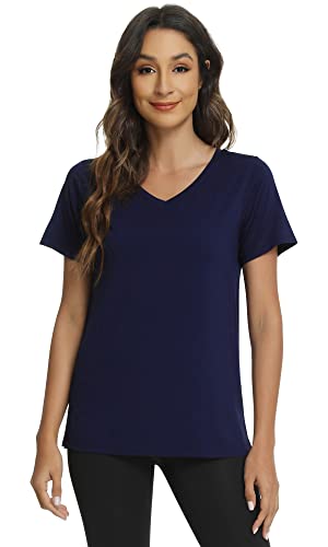 WiWi Pyjama-Top aus Viskose aus Bambus, weich, kurzärmelig, V-Ausschnitt, T-Shirt, Pyjama, Top, Nachtwäsche S-XXL, Marineblau, X-Groß von WiWi