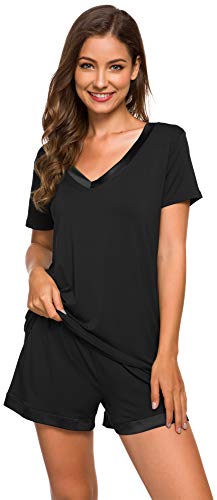 WiWi Pyjama für Frauen Bambus Ultra Soft Pyjama Set Kurzarm Top mit Shorts Plus Size Pjs Nachtwäsche S-4X, A-Schwarz, XL von WiWi