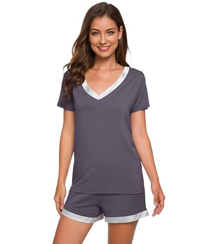 WiWi Pyjama-Set für Damen, Viskose aus Bambus, weich, kurzärmelig, mit Shorts, Sommer, Übergröße, Pyjama-Set, Nachtwäsche, Größe S-4XL, A-dark grey, XXL von WiWi