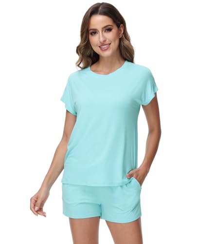 WiWi Schlafanzug-Set aus weicher Viskose aus Bambus, für Damen, Sommer, kurzärmelig, Oberteil mit Shorts, kühlende Nachtwäsche, S-XXL, C-Aqua, S WiWi Schlafanzug-Set aus weicher Viskose aus Bambus, für Damen, Sommer, kurzärmelig, Oberteil mit Shorts, kühlende Nachtwäsche, S-XXL, C-Aqua, S von WiWi