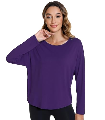 WiWi Damen Langarmshirts Pullover Tops Baselayer Slim Fit Viskose aus Bambus Tunika S-XXL, Dunkles Violett, XX-Large von WiWi