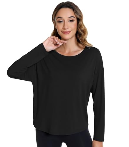 WiWi Damen Langarmshirts Pullover Tops Baselayer Slim Fit Viskose aus Bambus Tunika S-XXL, Schwarz, X-Groß von WiWi