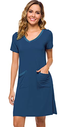 WiWi Weiche Bambus-Nachthemden für Damen, Schlafhemden, leicht, kurzärmelig, Lounge-Kleid, Übergröße, Nachtwäsche S-4X, A-ink blau, X-Large von WiWi
