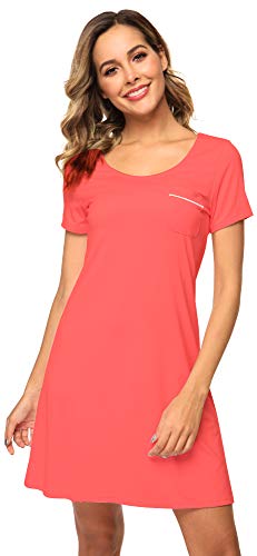 WiWi Weiche Bambus-Nachthemden für Damen, Schlafhemden, leicht, kurzärmelig, Lounge-Kleid, Übergröße, Nachtwäsche S-4X, B-Coral, Large von WiWi