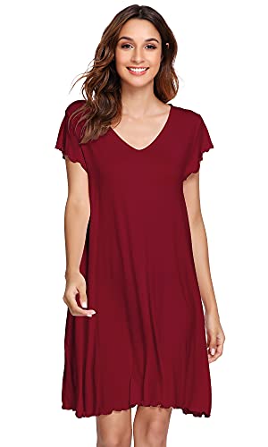 WiWi Weiche Bambus-Nachthemden für Damen, Schlafhemden, leicht, kurzärmelig, Lounge-Kleid, Übergröße, Nachtwäsche S-4X, C-Wine Red, 4X von WiWi