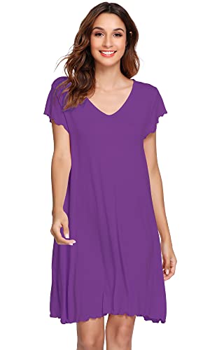 WiWi Weiche Bambus-Nachthemden für Damen, Schlafhemden, leicht, kurzärmelig, Lounge-Kleid, Übergröße, Nachtwäsche S-4X, C-violett, 4X von WiWi