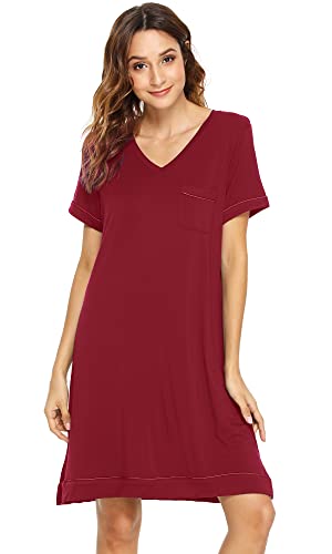 WiWi Weiche Bambus-Nachthemden für Damen, Schlafshirts, leicht, kurzärmelig, Lounge-Kleid, Übergröße, Nachtwäsche S-4X, A-Wine Rot, Medium von WiWi