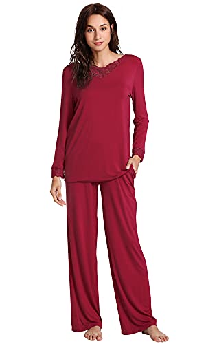 WiWi Weiche Bambus-Pyjama-Sets für Damen, langärmelig, Nachtwäsche, geschnürt, V-Ausschnitt, Oberteil mit Hose, Übergröße, Loungewear, S-4X, A-Wine Rot, XXL von WiWi