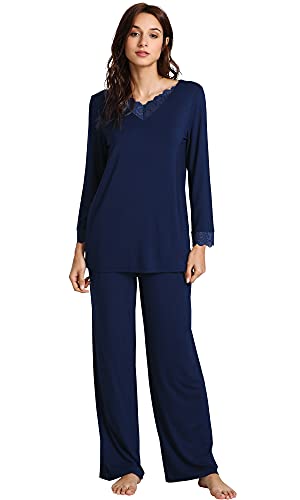 WiWi Weiche Bambus-Pyjama-Sets für Damen, langärmelig, Nachtwäsche, geschnürt, V-Ausschnitt, Oberteil mit Hose, Übergröße, Loungewear, S-4X, Dunkelblau, M von WiWi