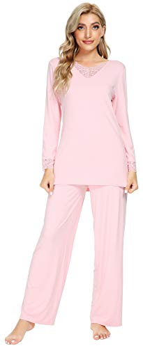 WiWi Weiche Bambus-Pyjama-Sets für Damen, langärmelig, Nachtwäsche, geschnürt, V-Ausschnitt, Top mit Hose, Übergröße, Loungewear S-4X, rose, Small von WiWi