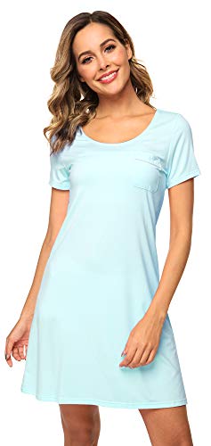 WiWi Weiche Bambus Viskose Nachthemden für Frauen Schlaf Shirts Leichte Kurzarm Lounge Kleid Plus Size Nachtwäsche S-4X, B-aqua, X-Large von WiWi