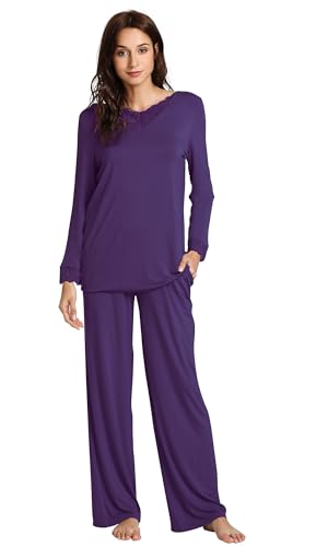 WiWi Weiches Bambus-Pyjama-Set für Damen, langärmelig, Nachtwäsche, locker, bequem, Pyjama-Set mit Hose, Übergröße, Loungewear, S-4XL, A-dark purple, M WiWi Weiches Bambus-Pyjama-Set für Damen, langärmelig, Nachtwäsche, locker, bequem, Pyjama-Set mit Hose, Übergröße, Loungewear, S-4XL, A-dark purple, M von WiWi