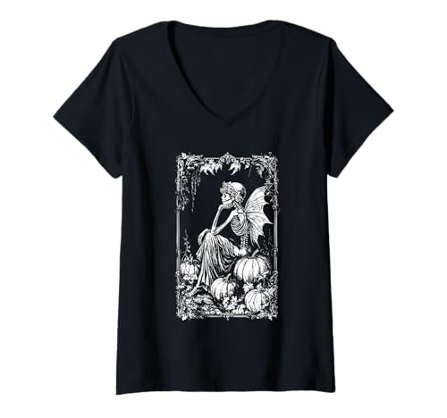 Damen Emo Grunge Gothic Fairy Kürbisse Mystisches Fairycore T-Shirt mit V-Ausschnitt von Wicca Fairy Grunge Goth Witchy Skeleton Design