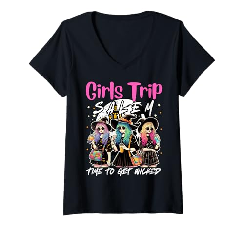 Damen Girls Trip Salem 1692 Time to Get Wicked Halloween Group T-Shirt mit V-Ausschnitt von Wicked Cute Witch Girls Trip Salem By Gnineza