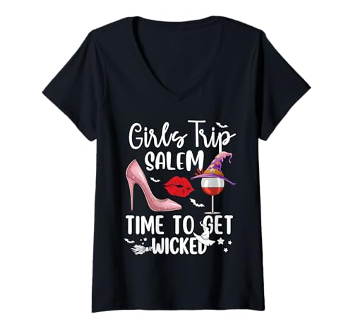 Damen Girls Trip Salem Time to Get Wicked Halloween Group Matching T-Shirt mit V-Ausschnitt von Wicked Cute Witch Girls Trip Salem By Gnineza