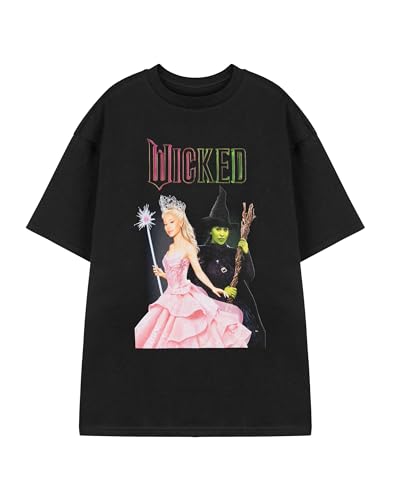 Wicked Glinda & Elphaba Schwarzes Grafik-T-Shirt | Damen Kurzarm-T-Shirt | Film-Merchandise-Bekleidung | Klassisches Oberteil mit Rundhalsausschnitt | Freizeitkleidung für Filmfans von Wicked