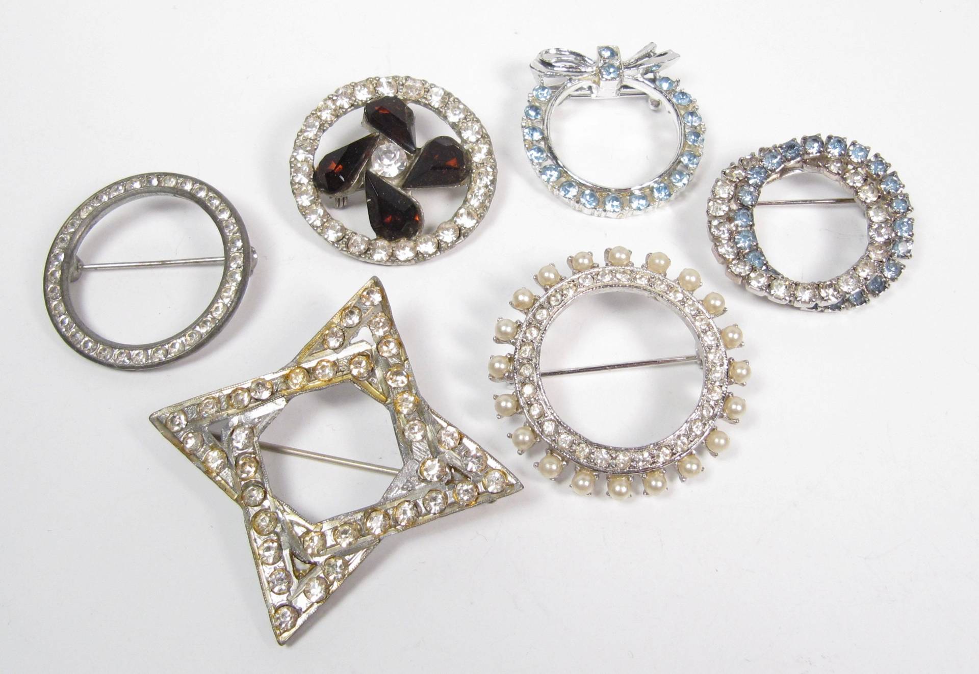 6 Stk Lot Strass Art Deco & Mid Century Brosche Pin Vintage Kreis Pins Stern von WickedCrafts
