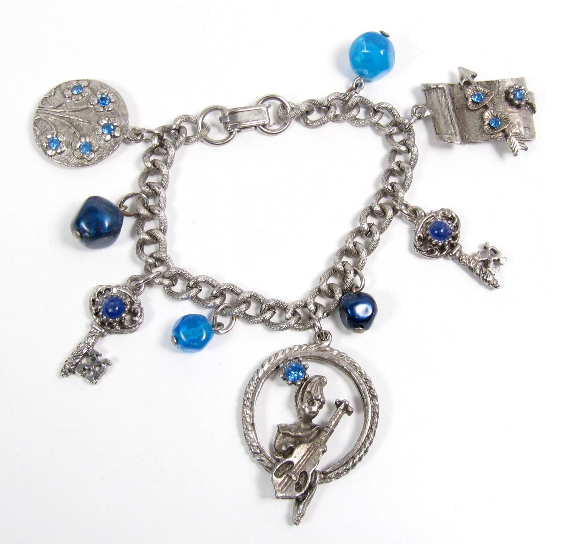 Blauer Strass Silber Ton Rockabilly Stand Up Bass Charm Armband Vintage Vtg von WickedCrafts
