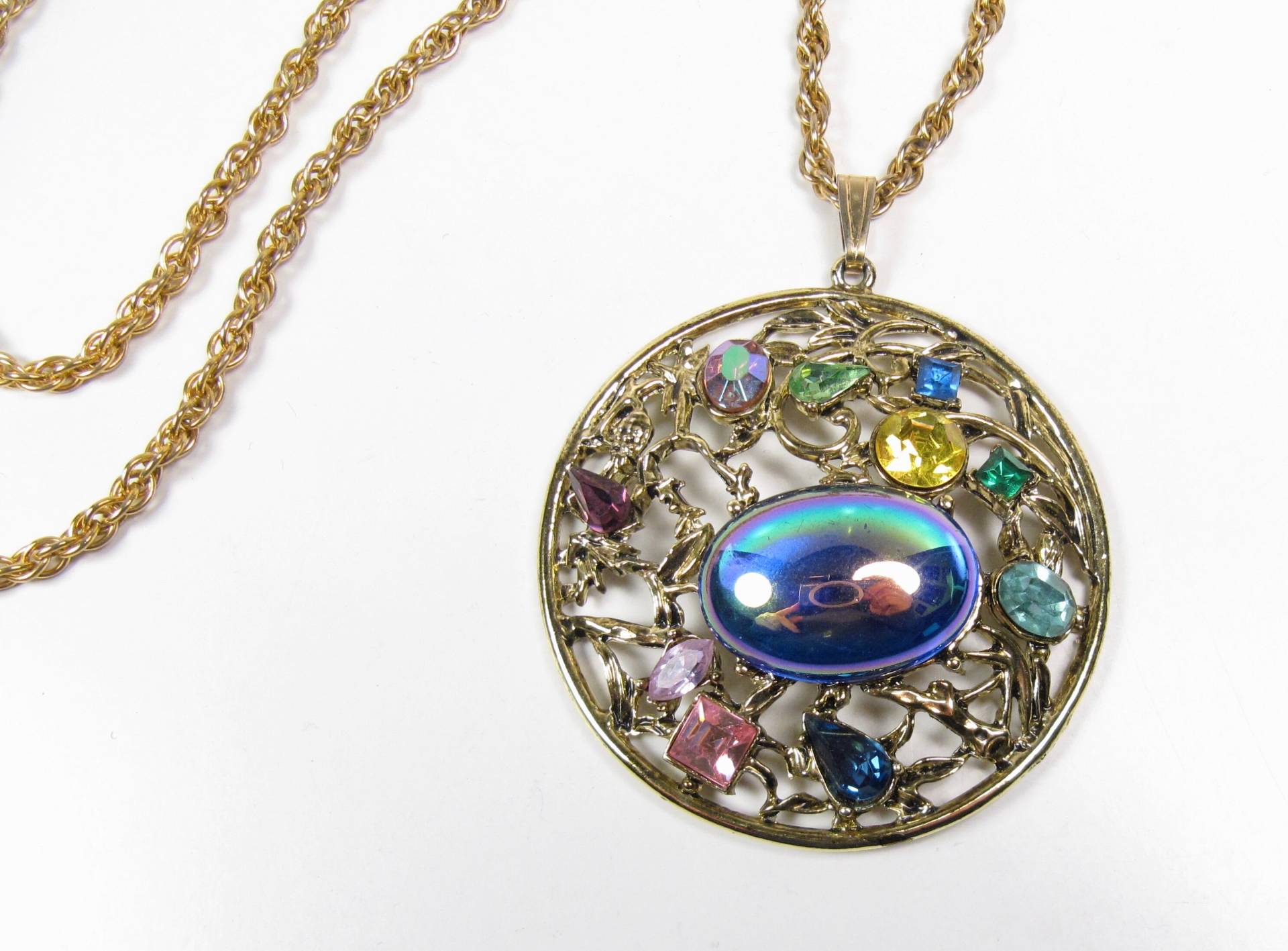 Folienrücken Wassermelonen Strass Anhänger Halskette Vintage Multi Color Steine Vtg von WickedCrafts