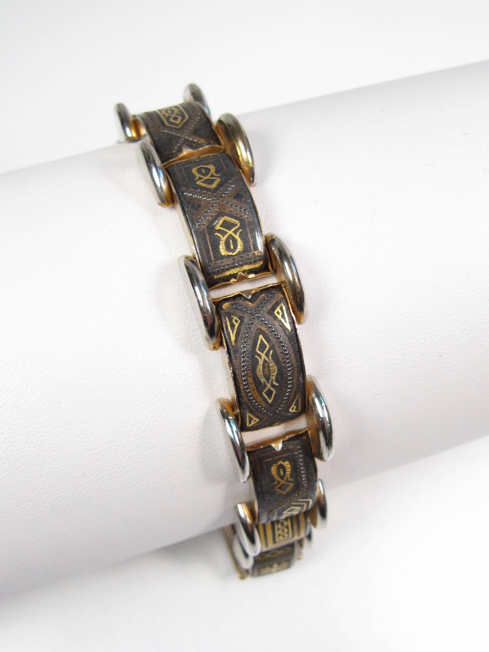 Gold Ton Vintage Damaszener Stil Panel Armband Link Sicherheitskette 7" Vtg von WickedCrafts