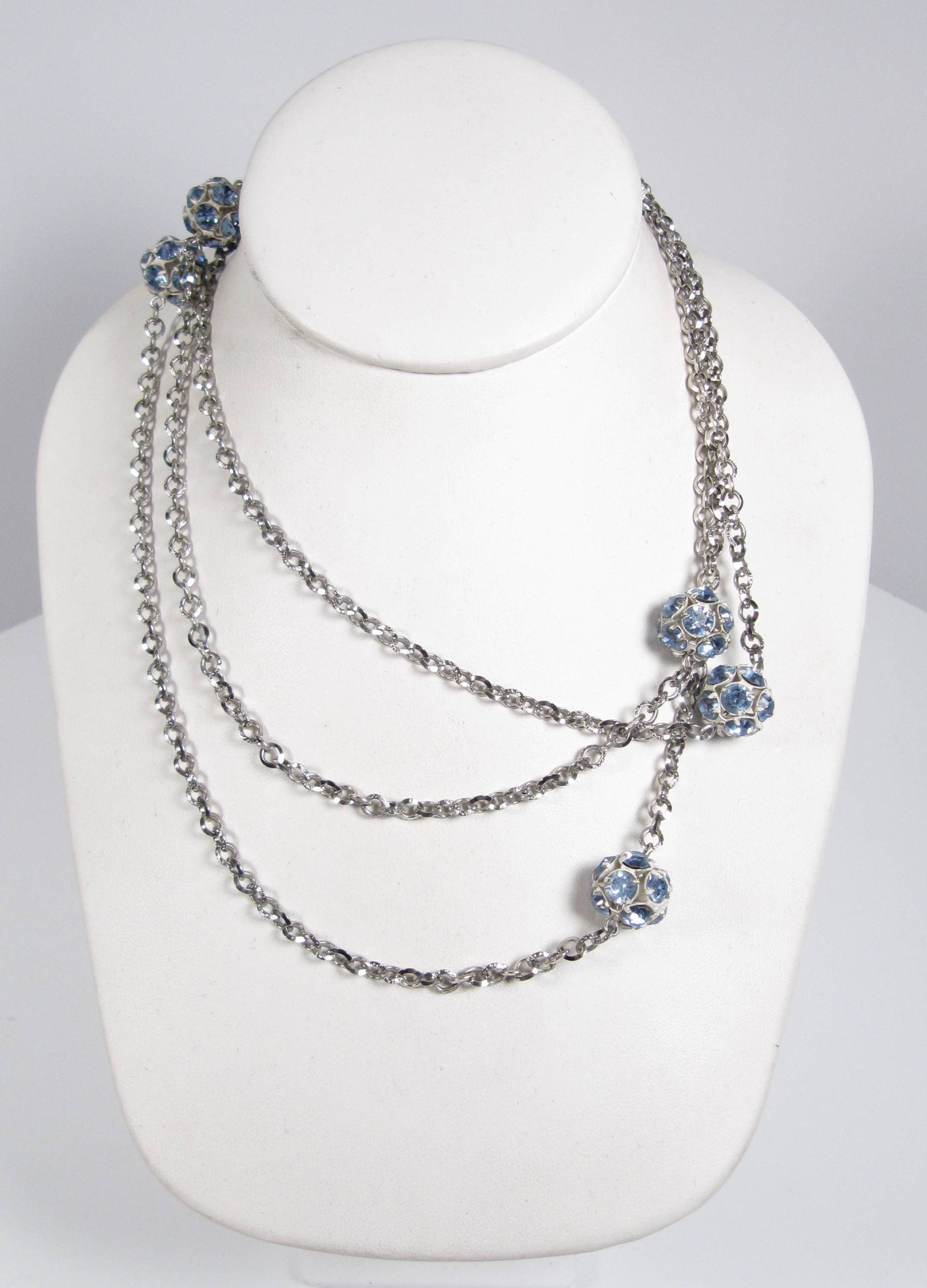 Lange Silber Kette & 5 Blau Strass Cluster Perle Halskette Vintage Kostüm 50" von WickedCrafts