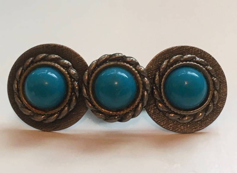 Silber Ton Triple Petrol Blau Cabochon 1970Er Jahre Schal Clip Vintage von WickedCrafts