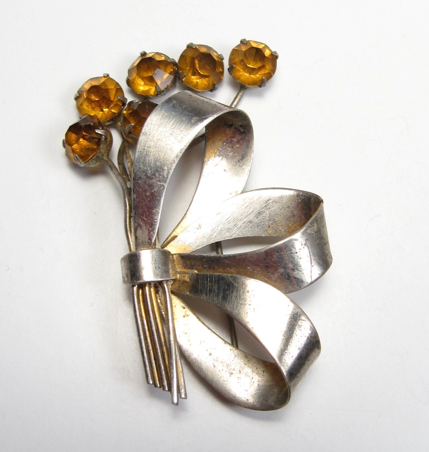 Vintage 1950Er Jahre 60Er Sterling Silber Gelb Topas Strass Schleife Bouquet Pin Brosche von WickedCrafts