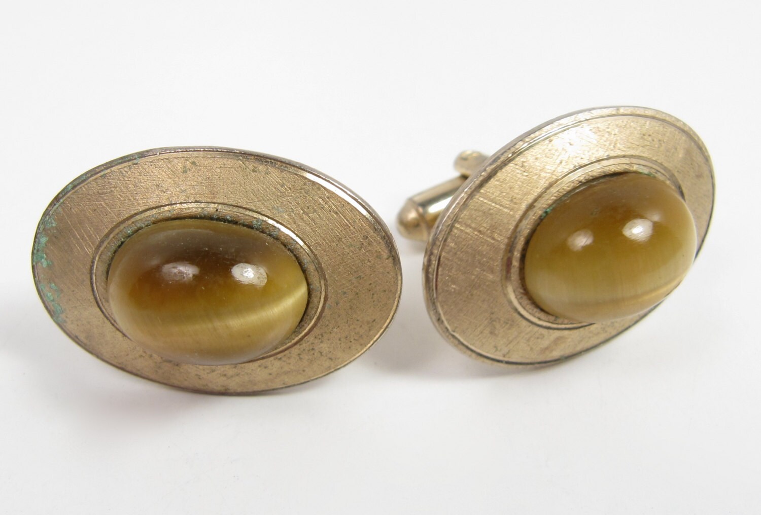 Vintage Dante 1970S Tigerauge Stein Oval Matt Gold Herren Manschettenknöpfe Vtg von WickedCrafts