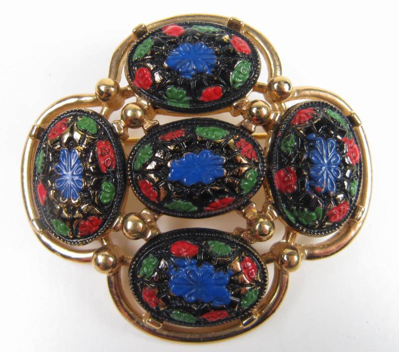 Vintage Designer Sarah Cov Geschnitten Glas Bemalt Emaille Cabochon Gold Brosche Pin von WickedCrafts