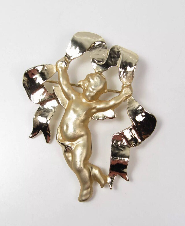 Vintage Engel Cherub Matt Gold Glänzend Band Brosche Pin Angelic Putti von WickedCrafts