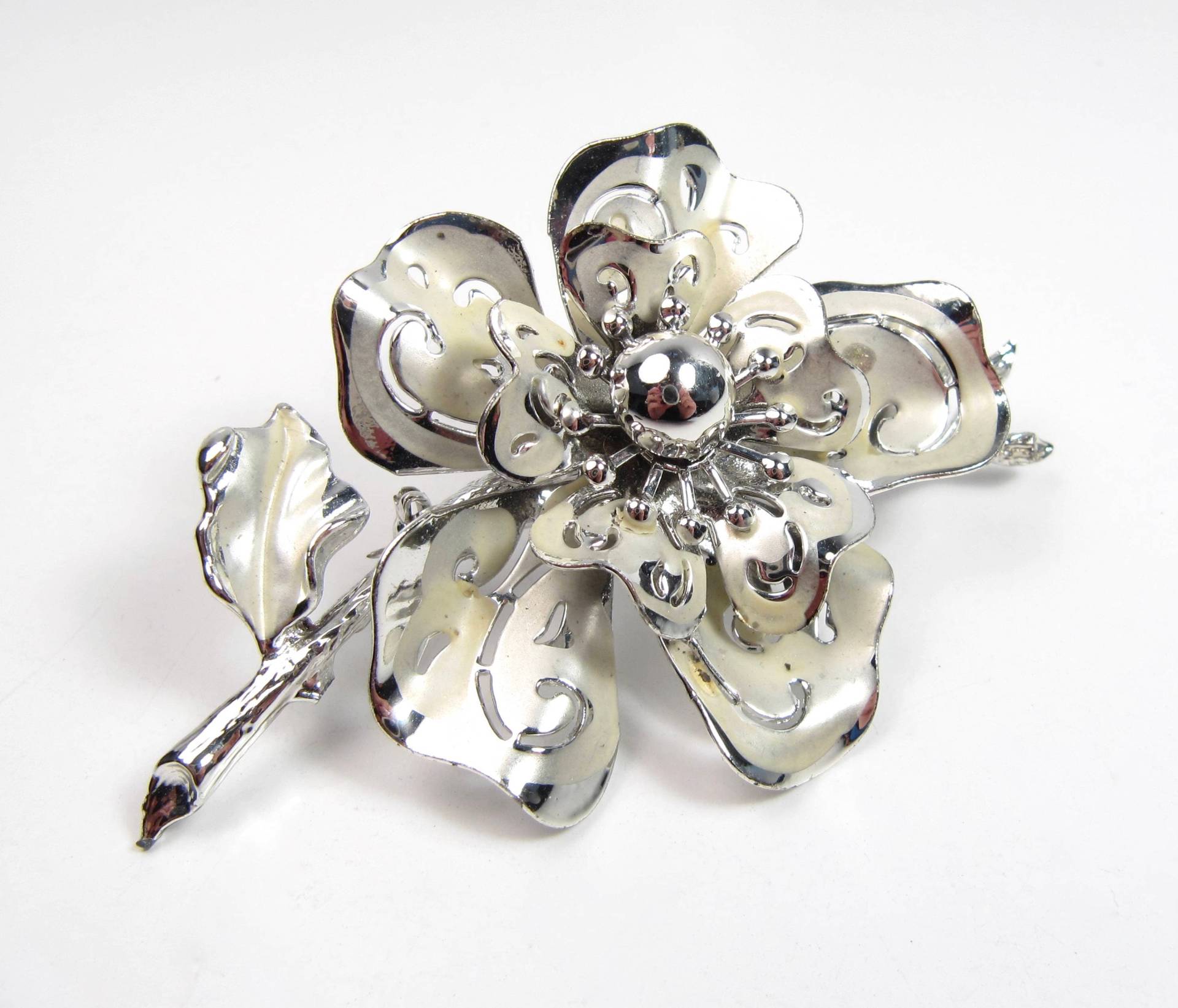 Vintage Glänzend & Matt Silber Designer Coro Blume Zweig Blatt Brosche Pin Signiert von WickedCrafts