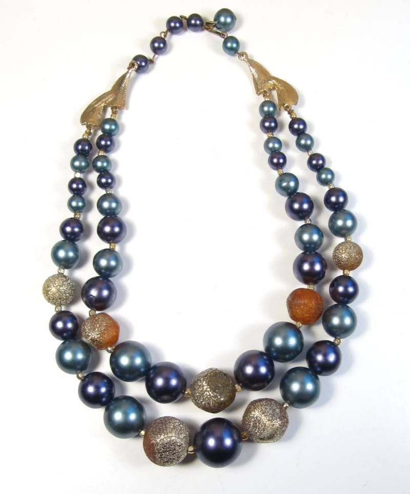 Vintage Metallic Blau Lila Gold Kunststoff & Strukturierte Perle Doppel Strang Halskette von WickedCrafts
