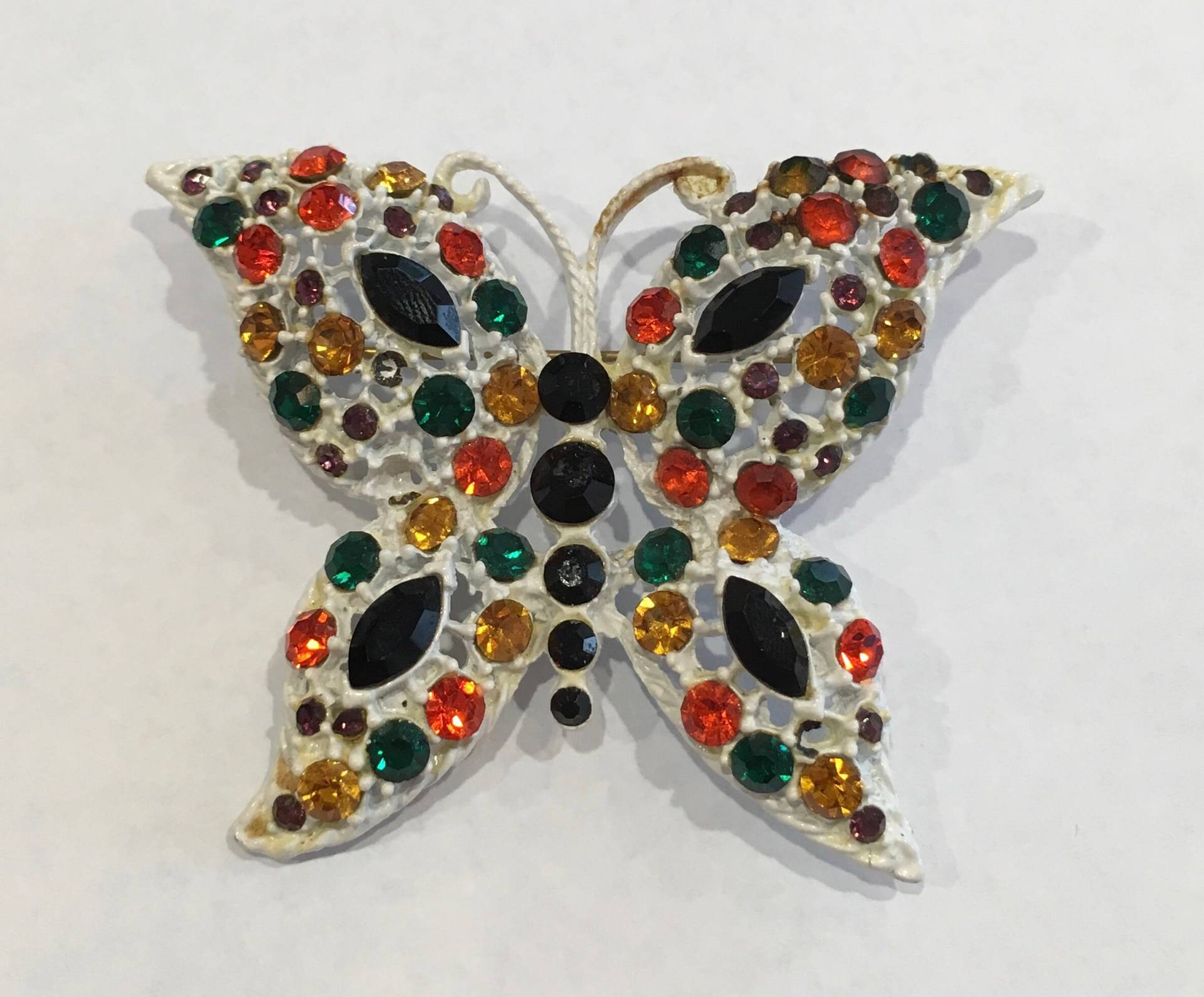 Weiße Emaille & Multi Farbe Strass Schmetterling Insekt Brosche Pin Vintage 1960Er Jahre von WickedCrafts