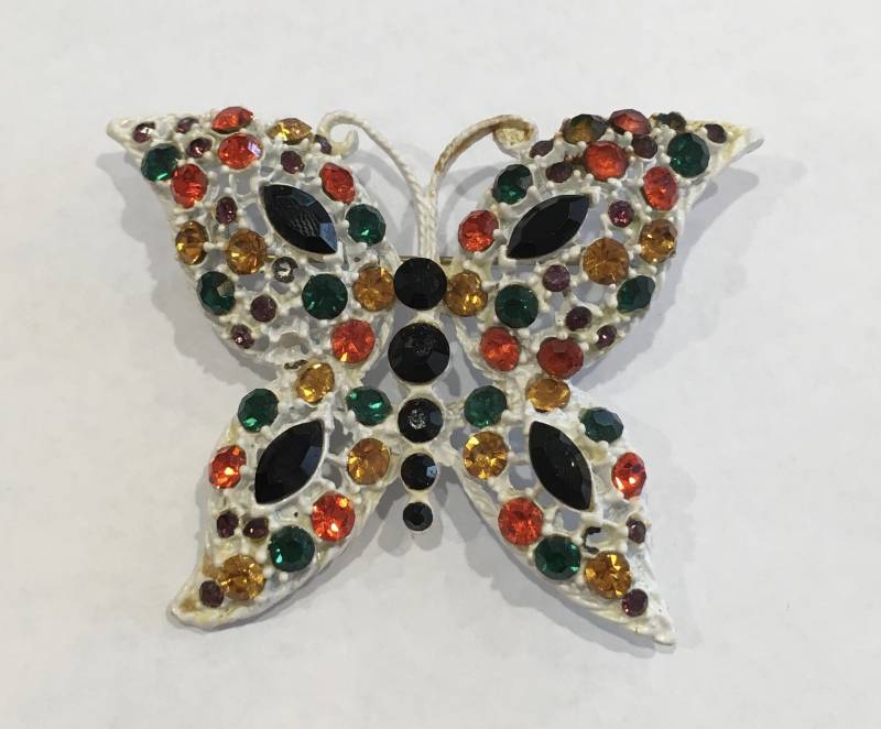 Weiße Emaille & Multi Farbe Strass Schmetterling Insekt Brosche Pin Vintage 1960Er Jahre von WickedCrafts