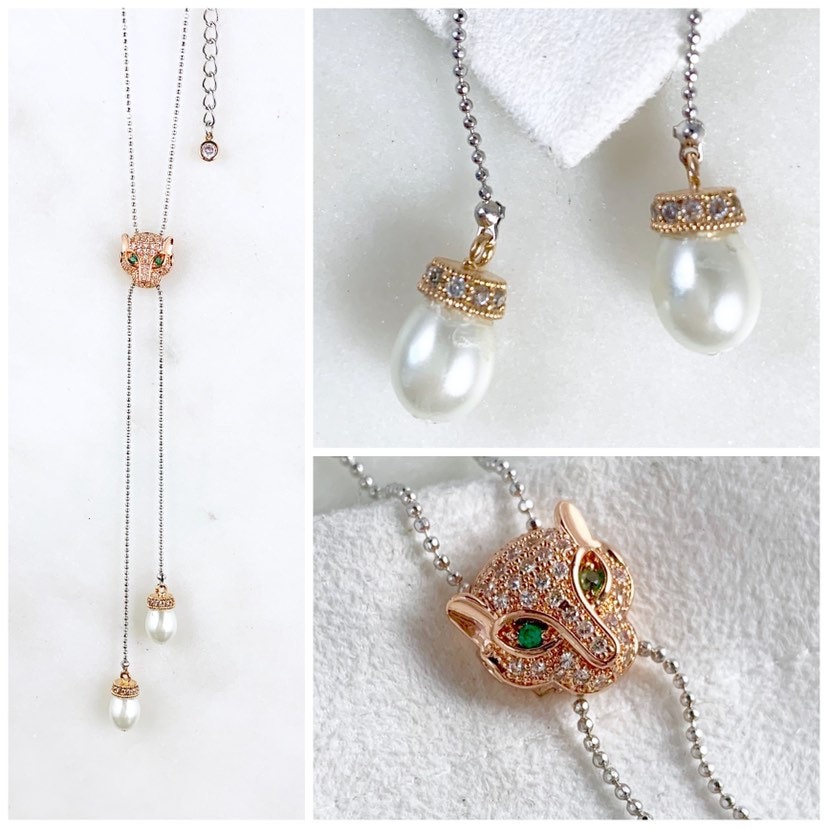 Leopard Y Halskette in Rosegold Und Silber | Rhodinierte Kugelkette Tropfenförmige Perlen Mixed Metal Leopard Y Halskette in Rosegold Und Silber | Rhodinierte Kugelkette Tropfenförmige Perlen Mixed Metal von WickedWoodsDesigns