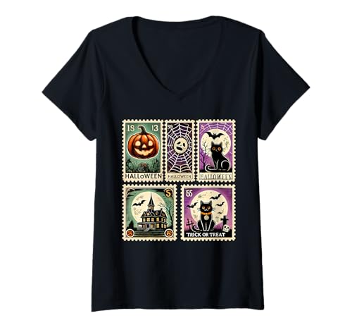 Damen Gruselige Halloween-Ikonen Kürbisse Geister Skelett Fledermäuse Kunst T-Shirt mit V-Ausschnitt von Wickedly Fun Haunted Pumpkin Ghost Skeleton Tees