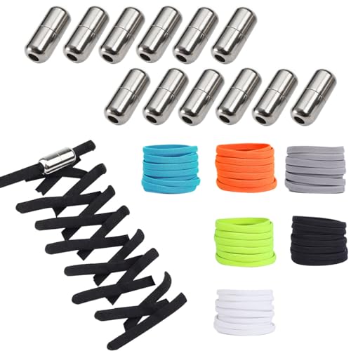 Widamin 6 Paar Flache Elastische Schnürsenkel mit Metallkapsel, No Tie Shoelaces, Schnürsenkel Ohne Binden für Kinder und Erwachsene (Schwarz+Weiß+Grau+Orange+Grün+Blau) von Widamin