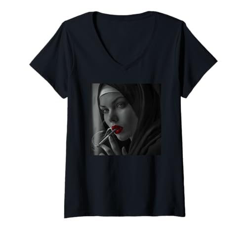 Damen Coole Nonne raucht, Widerstand, Rebellische Nonne T-Shirt mit V-Ausschnitt von Widerstand, Rebellen Outfit