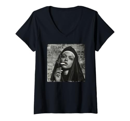 Damen Coole Nonne raucht, Widerstand, Rebellische Nonne T-Shirt mit V-Ausschnitt Damen Coole Nonne raucht, Widerstand, Rebellische Nonne T-Shirt mit V-Ausschnitt von Widerstand, Rebellen Outfit