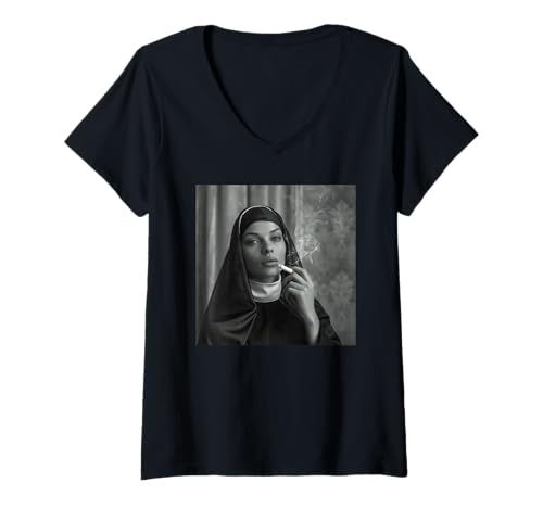 Damen Coole Nonne raucht, Widerstand, Rebellische Nonne T-Shirt mit V-Ausschnitt Damen Coole Nonne raucht, Widerstand, Rebellische Nonne T-Shirt mit V-Ausschnitt von Widerstand, Rebellen Outfit