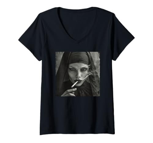 Damen Coole Nonne raucht, Widerstand, Rebellische Nonne T-Shirt mit V-Ausschnitt von Widerstand, Rebellen Outfit