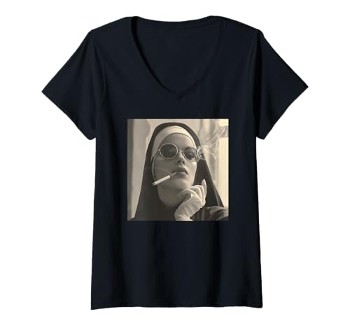 Damen Coole Nonne raucht, Widerstand, Rebellische Nonne T-Shirt mit V-Ausschnitt von Widerstand, Rebellen Outfit