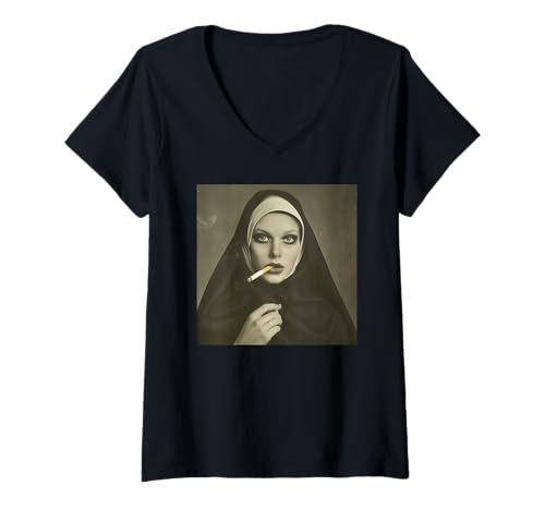 Damen Coole Nonne raucht, Widerstand, Rebellische Nonne T-Shirt mit V-Ausschnitt Damen Coole Nonne raucht, Widerstand, Rebellische Nonne T-Shirt mit V-Ausschnitt von Widerstand, Rebellen Outfit