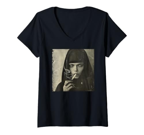 Damen Coole Nonne raucht, Widerstand, Rebellische Nonne T-Shirt mit V-Ausschnitt Damen Coole Nonne raucht, Widerstand, Rebellische Nonne T-Shirt mit V-Ausschnitt von Widerstand, Rebellen Outfit