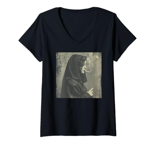 Damen Coole Nonne raucht, Widerstand, Rebellische Nonne T-Shirt mit V-Ausschnitt Damen Coole Nonne raucht, Widerstand, Rebellische Nonne T-Shirt mit V-Ausschnitt von Widerstand, Rebellen Outfit