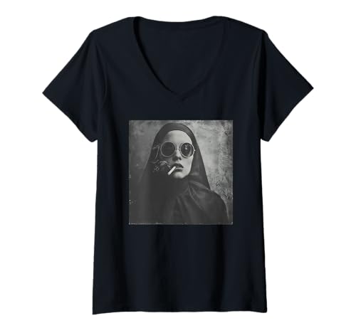 Damen Coole Nonne raucht, Widerstand, Rebellische Nonne T-Shirt mit V-Ausschnitt Damen Coole Nonne raucht, Widerstand, Rebellische Nonne T-Shirt mit V-Ausschnitt von Widerstand, Rebellen Outfit