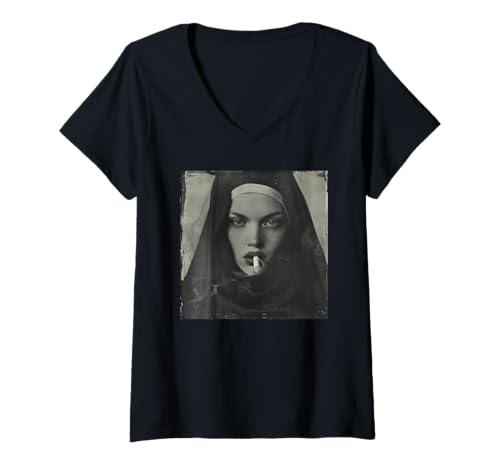 Damen Coole Nonne raucht, Widerstand, Rebellische Nonne T-Shirt mit V-Ausschnitt Damen Coole Nonne raucht, Widerstand, Rebellische Nonne T-Shirt mit V-Ausschnitt von Widerstand, Rebellen Outfit