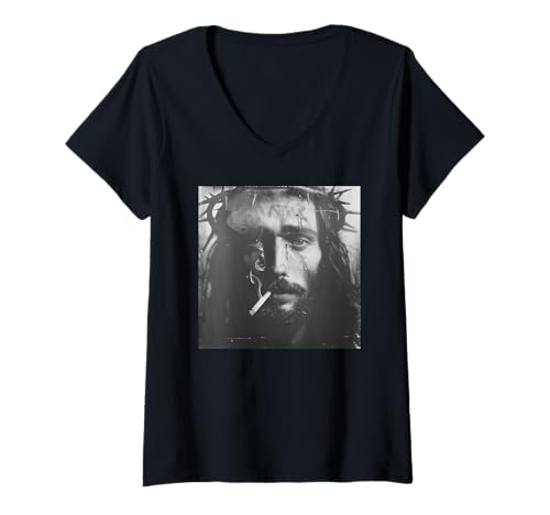 Damen Cooler Jesus Christus raucht, Widerstand, Rebellischer Jesus T-Shirt mit V-Ausschnitt Damen Cooler Jesus Christus raucht, Widerstand, Rebellischer Jesus T-Shirt mit V-Ausschnitt von Widerstand, Rebellen Outfit