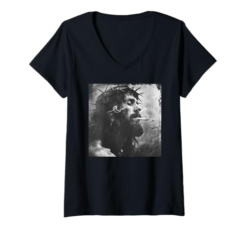 Damen Cooler Jesus Christus raucht, Widerstand, Rebellischer Jesus T-Shirt mit V-Ausschnitt Damen Cooler Jesus Christus raucht, Widerstand, Rebellischer Jesus T-Shirt mit V-Ausschnitt von Widerstand, Rebellen Outfit