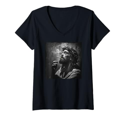 Damen Cooler Jesus Christus raucht, Widerstand, Rebellischer Jesus T-Shirt mit V-Ausschnitt Damen Cooler Jesus Christus raucht, Widerstand, Rebellischer Jesus T-Shirt mit V-Ausschnitt von Widerstand, Rebellen Outfit